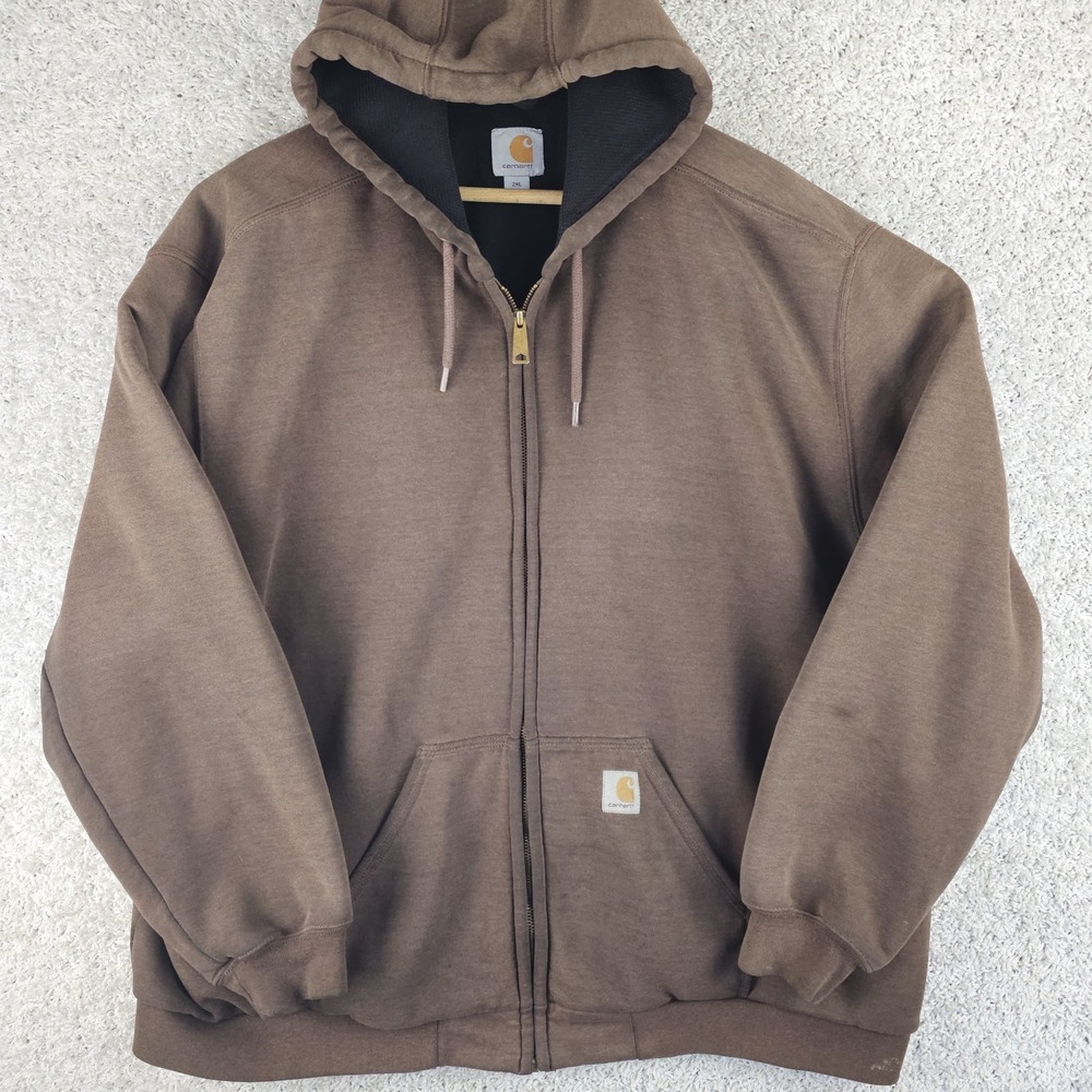 Vintage Carhartt Hoodie Mens 2XL Brown Thermal Lined Fade Zip Heavyweight